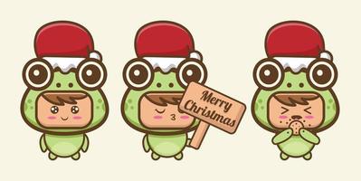 personnage mignon portant un costume de grenouille célébrant noël vecteur