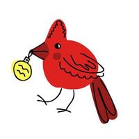 oiseau cardinal du nord dessiné à la main avec un jouet de noël dans le bec. vecteur