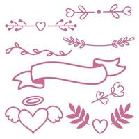 éléments de décoration romantique pour la décoration de cartes postales et de sites Web, éléments pour la création de matrices et de motifs de texte, saint valentin dans un style dessiné à la main doodle. vecteur