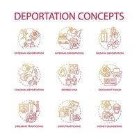 Ensemble d'icônes de concept rouge dégradé de déportation. raisons de l'expulsion officielle du pays. visa expiré. Idée d'immigration illustrations en couleur de fine ligne. dessins de contour isolés de vecteur