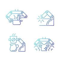 Ensemble d'icônes vectorielles linéaires à gradient de dispositifs mécaniques automatisés. cuisine robotisée. robotique de soudage. robot de fabrication de café. paquet de symboles de contour de ligne mince. collection d'illustrations de contour isolé vecteur