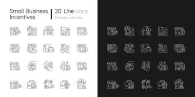 icônes linéaires d'incitations aux petites entreprises définies pour les modes sombre et clair. soutien financier aux startups. symboles de ligne mince personnalisables. illustrations de contour de vecteur isolé. trait modifiable