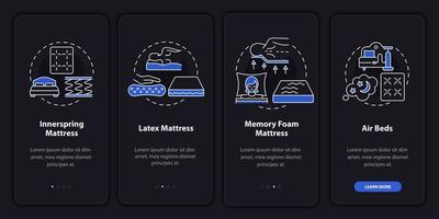 écran de page d'application mobile d'intégration sombre des types de matelas courants. Procédure pas à pas, instructions graphiques en 4 étapes avec concepts. modèle vectoriel ui, ux, gui avec illustrations linéaires en mode nuit