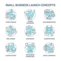 ensemble d'icônes de concept de lancement d'entreprise. dynamisation du démarrage de projets et de services modernes. Illustrations de couleur de ligne mince d'idée de stratégie de marketing et d'entreprise. dessins de contour isolés de vecteur