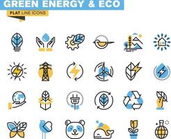 ensemble d'icônes de ligne plate de technologie verte, écologie, énergie renouvelable, environnement, vie naturelle, protection de la nature. vecteur