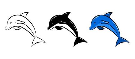 jeu d'icônes vectorielles de poissons dauphins. élément de conception de logo graphique isolé. animal de la faune marine aquatique. modèle de dessin monochrome doodle. autocollant de croquis de contour. coloriage pour les enfants mignon habitant de l'océan vecteur