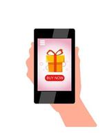 smartphone à la main achats en ligne acheter maintenant bouton modèle de concept de marketing cadeau vecteur