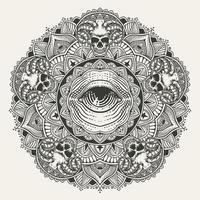 mandala de cercle élégant avec crâne et yeux illuminati sur fond blanc vecteur
