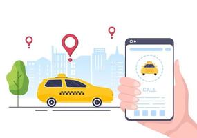 illustration de conception plate de service de voyage de réservation de taxi en ligne via une application mobile sur smartphone emmener quelqu'un vers une destination appropriée pour l'arrière-plan, l'affiche ou la bannière vecteur