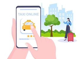 illustration de conception plate de service de voyage de réservation de taxi en ligne via une application mobile sur smartphone emmener quelqu'un vers une destination appropriée pour l'arrière-plan, l'affiche ou la bannière vecteur