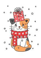 chat mignon de noël dessiné à la main avec boîte cadeau vecteur