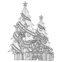 ours et cerf à l'arbre de noël dessinés à la main pour un livre de coloriage pour adultes vecteur