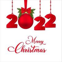 2022 bonne année. joyeux noël et bonne année avec une boule de noël et un ruban rouge. 3d, 2022 bonne année. Noël 2022. conception de bonne année rouge avec des feuilles de pin et effet de nombre. vecteur