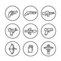 icônes de ligne d'armes en cercles, pistolet, mitraillette, fusil d'assaut, revolver, fusil de chasse, grenade, lance-roquettes, arme à feu, explosif