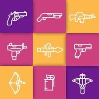 icônes de ligne d'armes, lance-roquettes, pistolet, mitraillette, fusil, revolver, fusil de chasse, arbalète