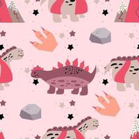 modèle sans couture enfantin en rose avec dinosaure, étoiles de pierre et patte avec griffes. illustration vectorielle dans un style plat pour textiles pour bébé avec dinosaure mignon. vecteur