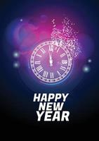 Carte de voeux violet brillant joyeux bonne année 2022 avec horloge. fond de vecteur. vecteur