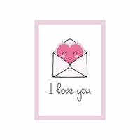 carte de saint valentin avec les mots je t'aime. lettrage à la main pour les vacances de tous les amoureux. coeur doux dans une enveloppe. vecteur
