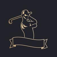 modèle de logo de golf avec club de swing de joueur de golf, or sur noir vecteur