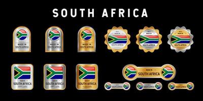 fabriqué en Afrique du Sud étiquette, timbre, badge ou logo. avec le drapeau national de l'afrique du sud. sur les couleurs platine, or et argent. emblème premium et luxe vecteur