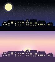 silhouette d'horizon la nuit et le jour. silhouettes de maisons noires. icône de bâtiments pour le concept mobile et l'application web. vue extérieure de propriété de maison d'habitation. vecteur
