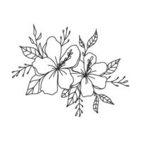 belle illustration d'arrangement floral avec feuillage dans un style de contour. un vecteur dessiné à la main illustré pour les décorations d'éléments. dessin incolore pour décorer des invitations, des cartes, etc.