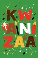 illustration vectorielle de kwanzaa. symboles africains de vacances avec lettrage sur fond vert. vecteur