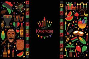 carte vectorielle avec collection de kwanzaa heureux. symboles de vacances sur fond noir. illustration vectorielle. vecteur