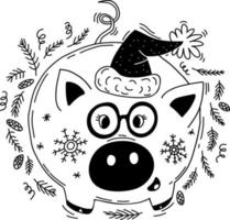 tirelire cochon en bonnet de père noël. illustration vectorielle. élément de griffonnage à la main pour la conception et la décoration vecteur