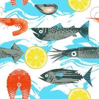 modèle sans couture. illustration vectorielle sur le thème des fruits de mer. divers poissons, calmars, crevettes et tranche de citron. sur fond blanc avec vague bleue. vecteur