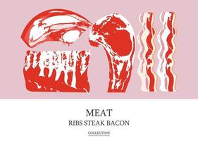 ensemble de produits à base de viande fraîche. illustration vectorielle. entrecôte, côtes levées, bacon. vecteur