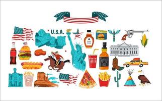 Etats-Unis. grande collection d'articles, d'attractions, de traditions, de souvenirs et de plats américains. illustration vectorielle.
