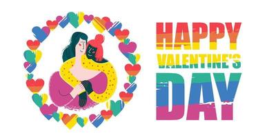 Joyeuse saint Valentin. illustration vectorielle sur fond blanc. un couple de lesbiennes aimantes de races différentes. vecteur