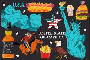 Etats-Unis. grande collection d'articles, d'attractions, de traditions, de souvenirs et de plats américains. illustration vectorielle.