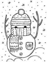 livre de coloriage pour enfants. illustration vectorielle doodle hiver dessinés à la main. joyeux noël 2022. un bonhomme de neige dans un chapeau et une écharpe avec une poche et des boutons. vecteur