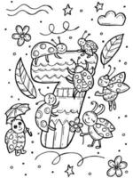 livre de coloriage pour enfants. illustration vectorielle doodle dessinés à la main avec des nombres et des animaux. sept jolies coccinelles volent avec des fleurs et des feuilles. vecteur