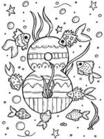 livre de coloriage pour enfants. illustration vectorielle doodle dessinés à la main avec des nombres et des animaux. huit poissons nagent dans la mer avec des algues et des bulles. vecteur