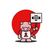 cochon mignon tenant le signe de la journée mondiale du sida vecteur