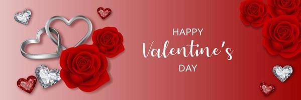bannière de la saint-valentin avec bagues en forme de coeur, diamants et roses rouges vecteur
