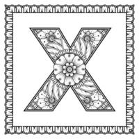 lettre x faite de fleurs dans le style mehndi. page de livre de coloriage. illustration vectorielle de contour à la main. vecteur