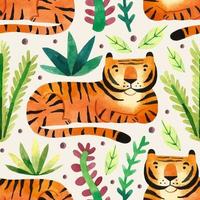 tigres dans la forêt tropicale grands chats sauvages et plantes tropicales symbole du zodiaque de l'année aquarelle dessinés à la main modèle sans couture texture fond conception d'emballage vecteur
