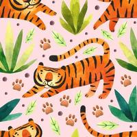 tigres dans la forêt tropicale grands chats sauvages et plantes tropicales symbole du zodiaque de l'année aquarelle dessinés à la main modèle sans couture texture fond conception d'emballage vecteur