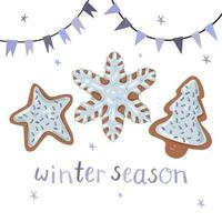 illustration confortable de la saison d'hiver avec des biscuits au pain d'épice, des drapeaux et des flocons de neige vecteur