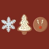 joli ensemble de 3 biscuits de Noël glacés au pain d'épice sur fond rouge vecteur