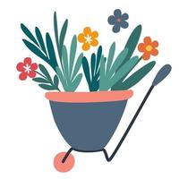 brouette avec des fleurs. jardinage. pour les fleurs et les plantes. équipement d'outils de jardin. illustration de dessin animé de vecteur de dessin à la main