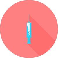 seringue médicale, aiguille hypodermique, concept d'aiguille d'injection de vaccination, icône d'injection en cercle avec de longues ombres. illustration vectorielle. concept de dose de médicament. conception de site Web de symbole, logo, application, interface utilisateur. vecteur