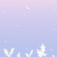 paysage bleu et violet avec des silhouettes de feuilles, de lune et d'étoiles dans le ciel. illustration vectorielle de fond pour carte de voeux, affiche, thème de la nature et papier peint. vecteur