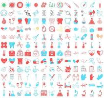 ensemble de 156 icônes vectorielles, signes et symboles dans la médecine et la santé à plat avec des éléments pour les concepts mobiles et les applications Web. logo et pictogramme d'infographie moderne de collection de style de couleur bleu et rouge. vecteur