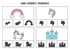 trouver l'ombre correcte des images de licorne. jeux de cartes à clip imprimables pour enfants. vecteur