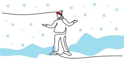 une seule ligne continue d'homme debout sur la neige à l'aide d'un bonnet de noel vecteur